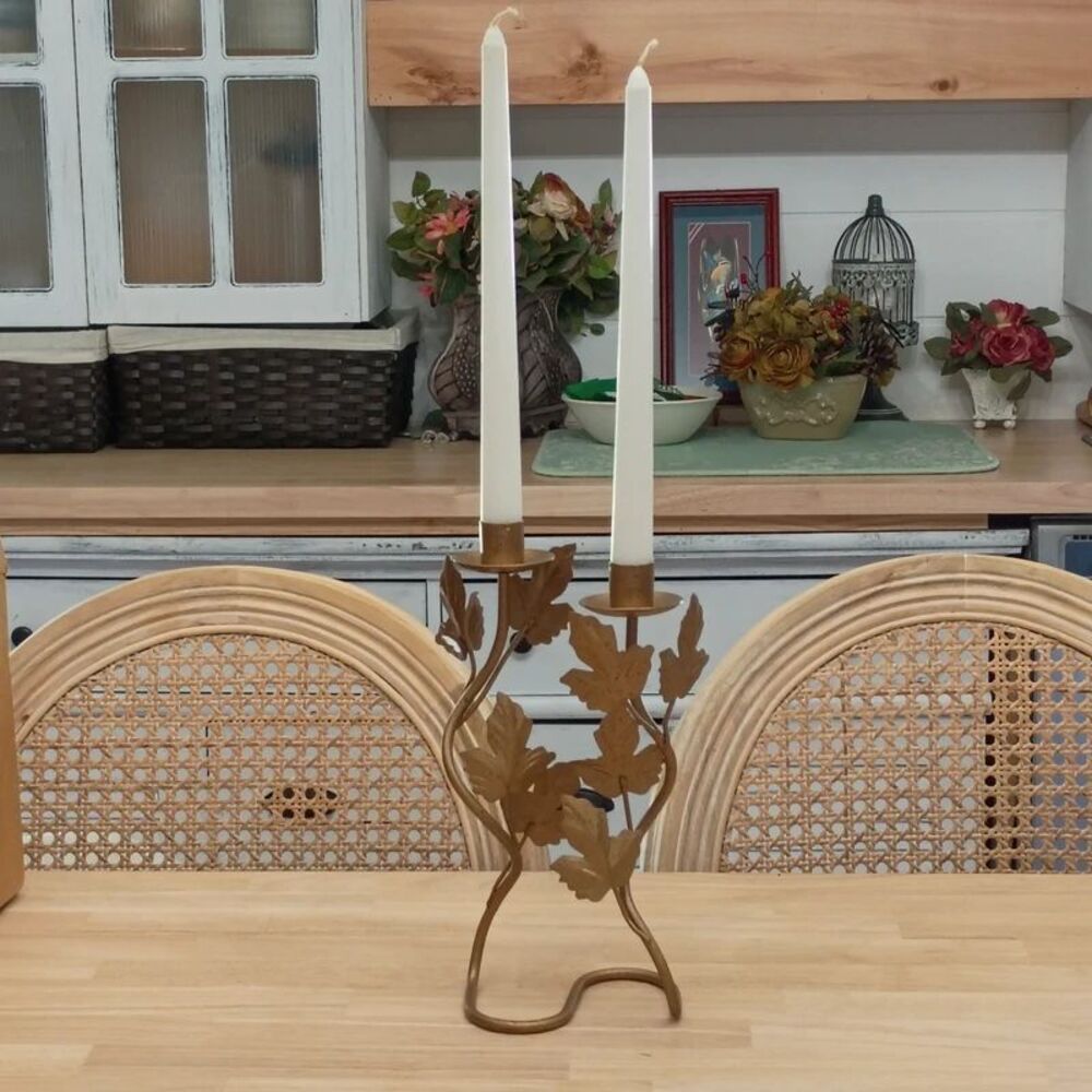 Gold Tone Metal Candlestick Holder Floral Leaf Design Farmhouse Country Decor